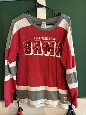 PINK Victoria's Secret Red Gray White Sequin 'BAMA' V-Neck Sweater